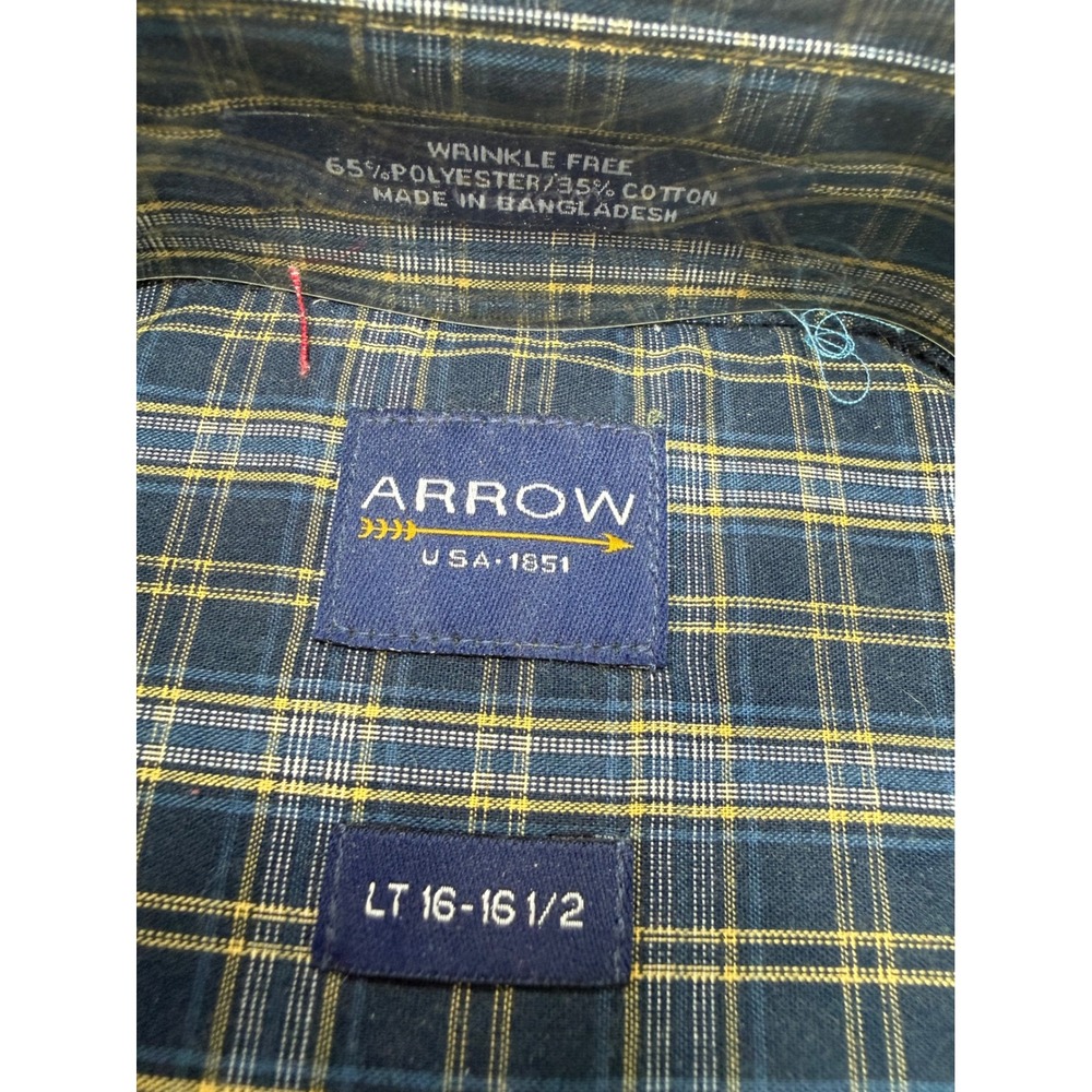 Arrow USA 1851 Mens Large Tall Plaid Button Down Shirt Wrinkle Free Navy Yellow - Picture 3 of 8